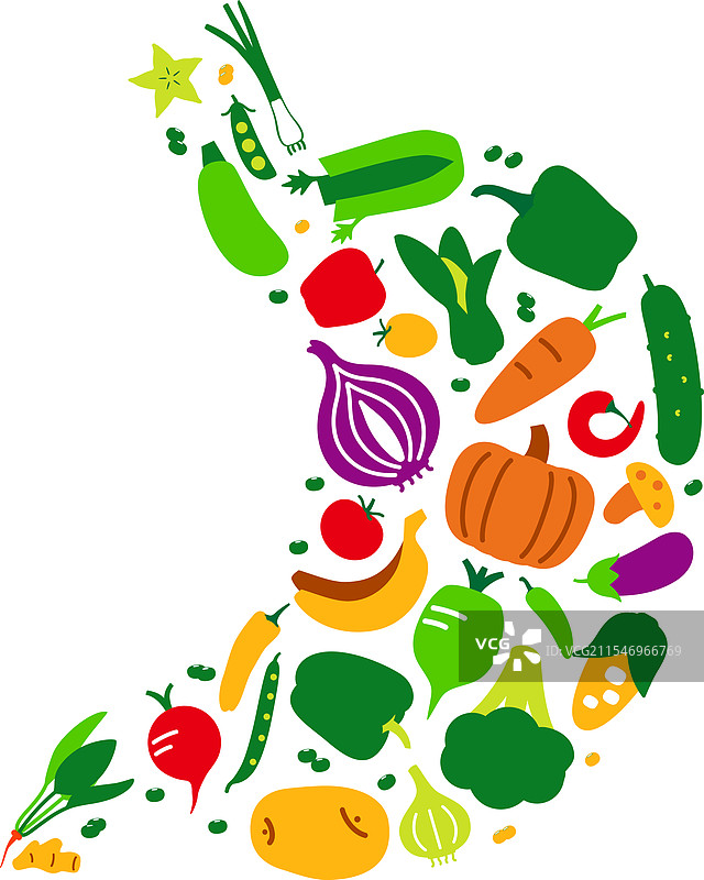 以胃形状呈现的蔬菜和水果图标集图片素材