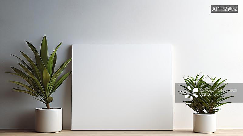【AI数字艺术】墙上的空白木质画框和绿色盆栽，空白相册模版插图图片素材