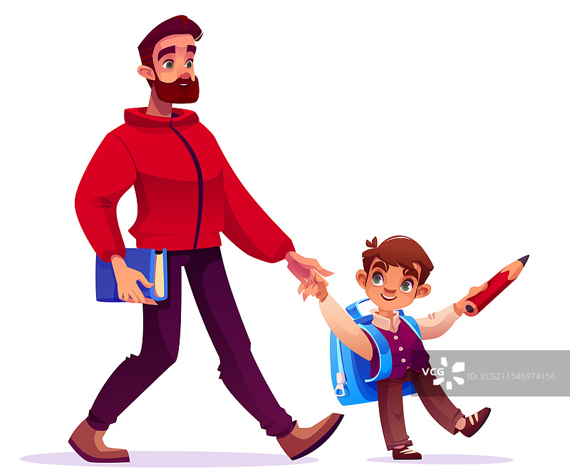 学校孩子与父亲一起散步图片素材