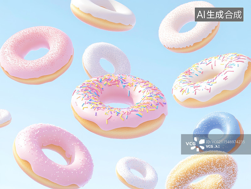 【AI数字艺术】飞在天空中的甜甜圈，甜蜜节日背景图片素材
