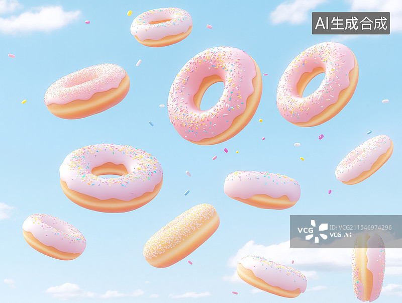 【AI数字艺术】飞在天空中的甜甜圈，甜蜜节日背景图片素材