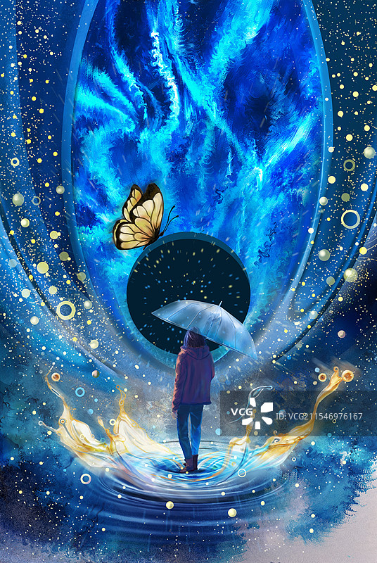 蝴蝶与撑伞的女孩插画壁纸图片素材