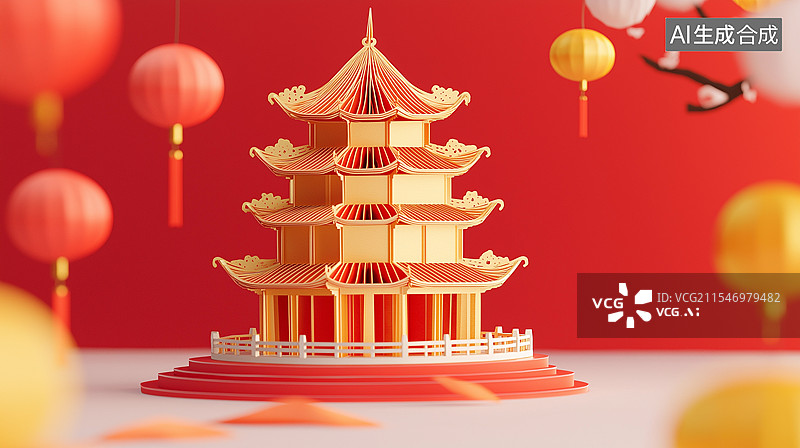 【AI数字艺术】立体剪纸艺术中国古建筑图片素材