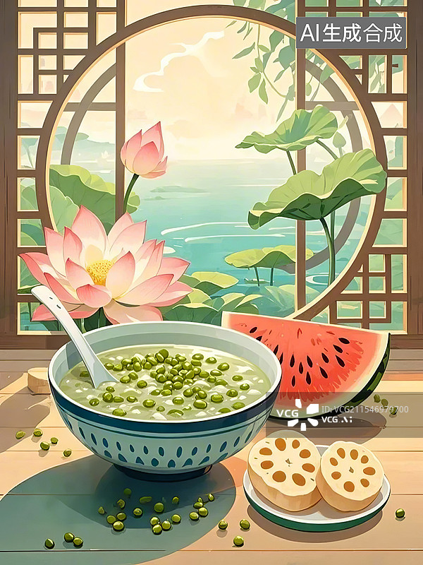 【AI数字艺术】绿豆汤西瓜藕荷花,夏天小暑大暑节气插画图片素材