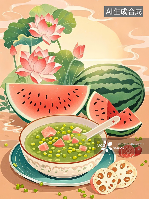 【AI数字艺术】绿豆汤西瓜藕荷花,夏天小暑大暑节气插画图片素材