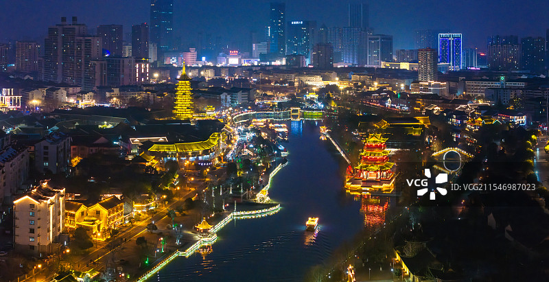 淮安市里运河文化长廊夜景航拍图片素材