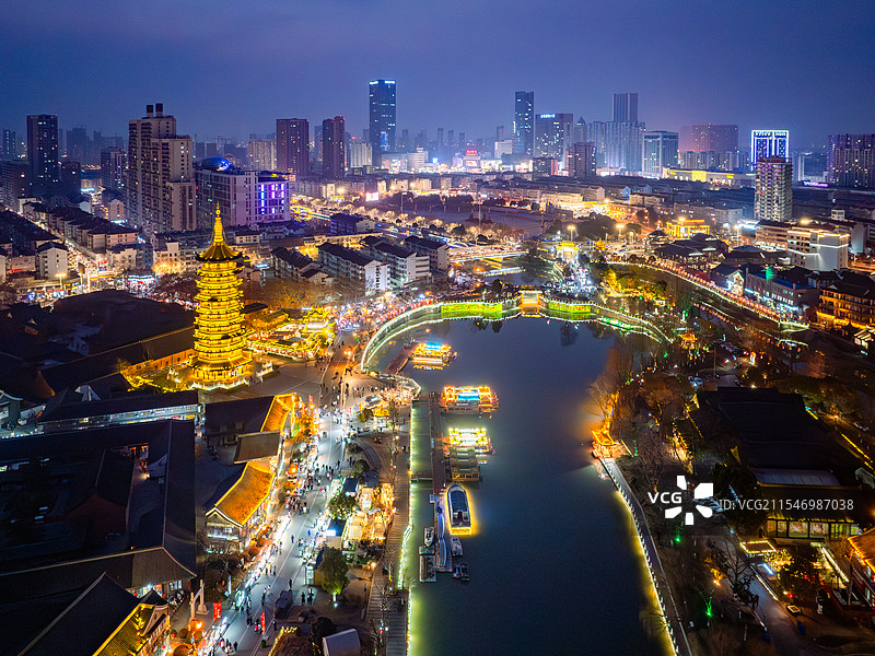 淮安市里运河文化长廊夜景航拍图片素材