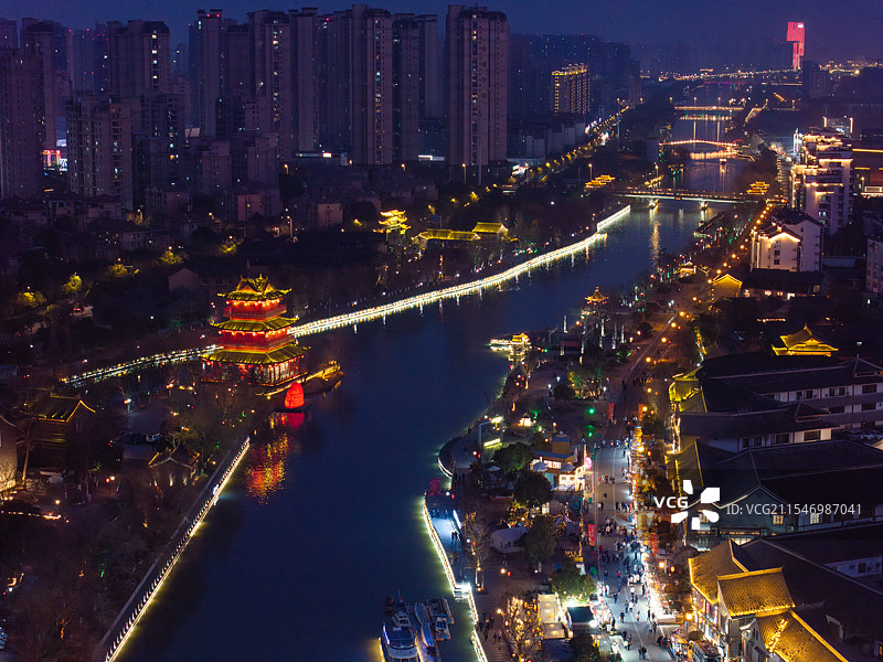 淮安市里运河文化长廊夜景航拍图片素材