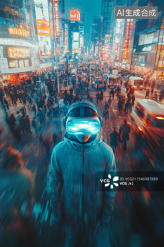 【AI数字艺术】一个年轻人戴着VR眼镜，站在城市街道上，周围环绕着科技粒子，展现了创新与数字世界的精髓。这个场景体现图片素材