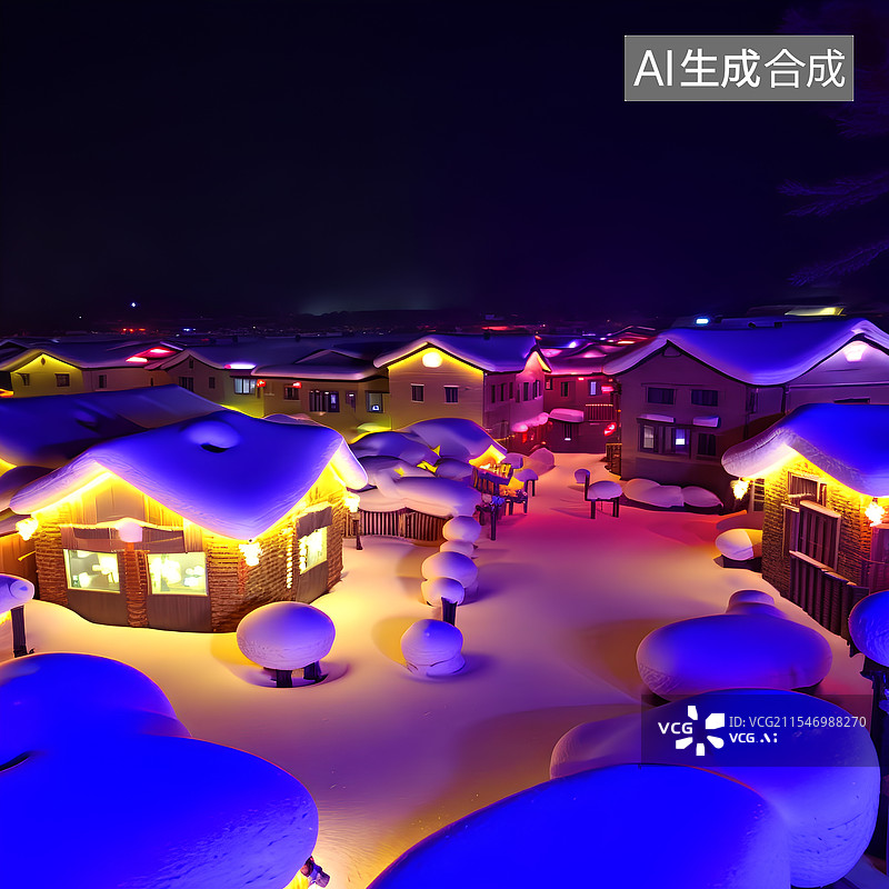 【AI数字艺术】东北村庄雪景夜景。图片素材