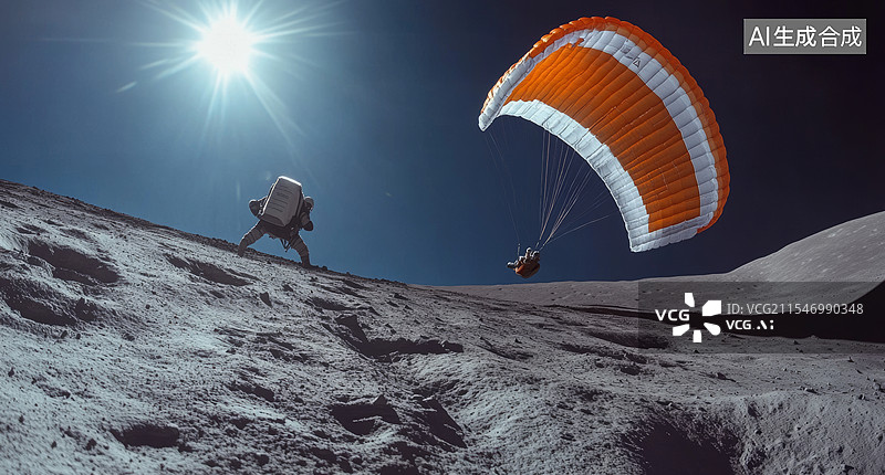 【AI数字艺术】一名滑翔伞运动员在高空飞行的场景，背景是壮丽的山脉和云层，以及一个巨大的月亮。图片素材