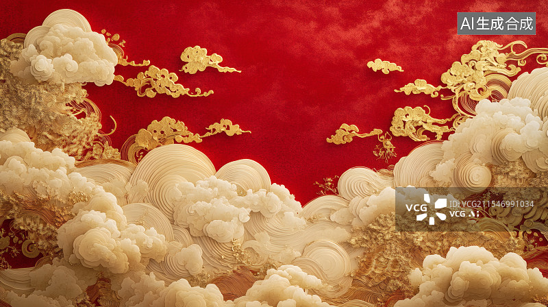【AI数字艺术】红色背景下的金色祥云图片素材