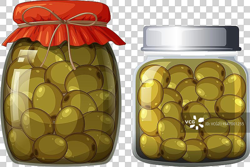两个装满绿色橄榄的罐子，一个是密封的图片素材