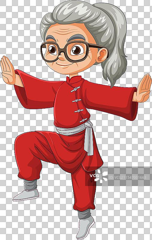 一位老年女性在太极姿势中的卡通形象图片素材