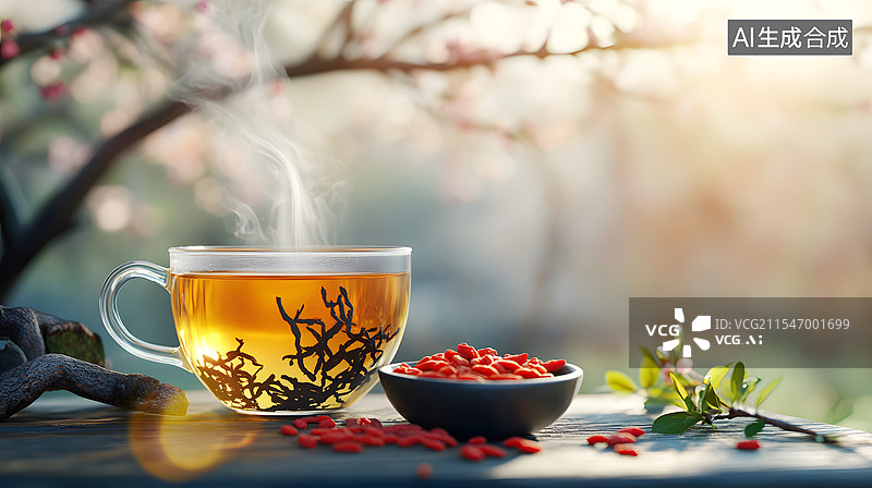 【AI数字艺术】AIGC：桌上一杯热气腾腾的养生茶，中医养生，健康生活方式图片素材