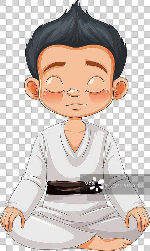 卡通男孩在传统空手道中冥想图片素材
