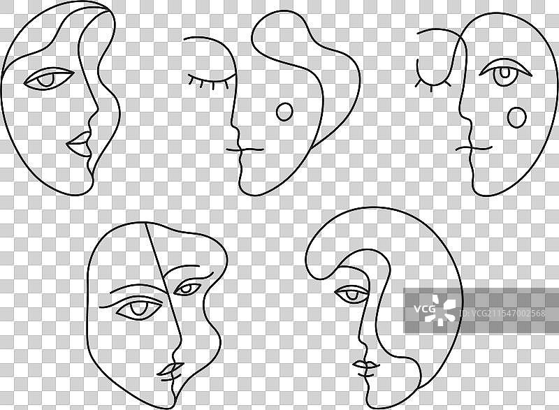 一组女性和男性的单线条立体派面孔图片素材