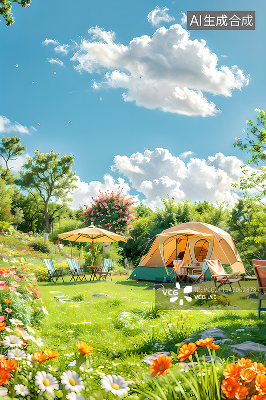 【AI数字艺术】3D春季户外旅游露营背景图片素材