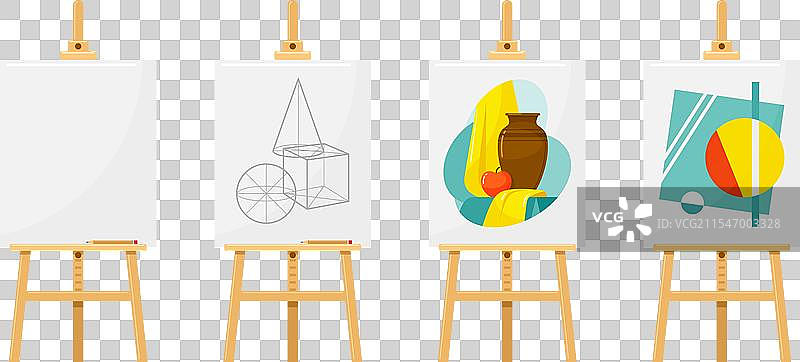 艺术工作室的画作、画架、空白画布和素描图片素材