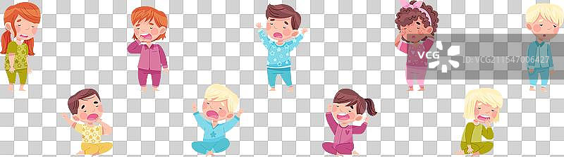 穿着睡衣的困倦小男孩和小女孩图片素材