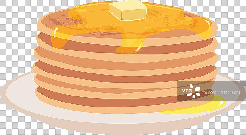 卡通风格的盘子上放着一叠涂有黄油的煎饼图片素材
