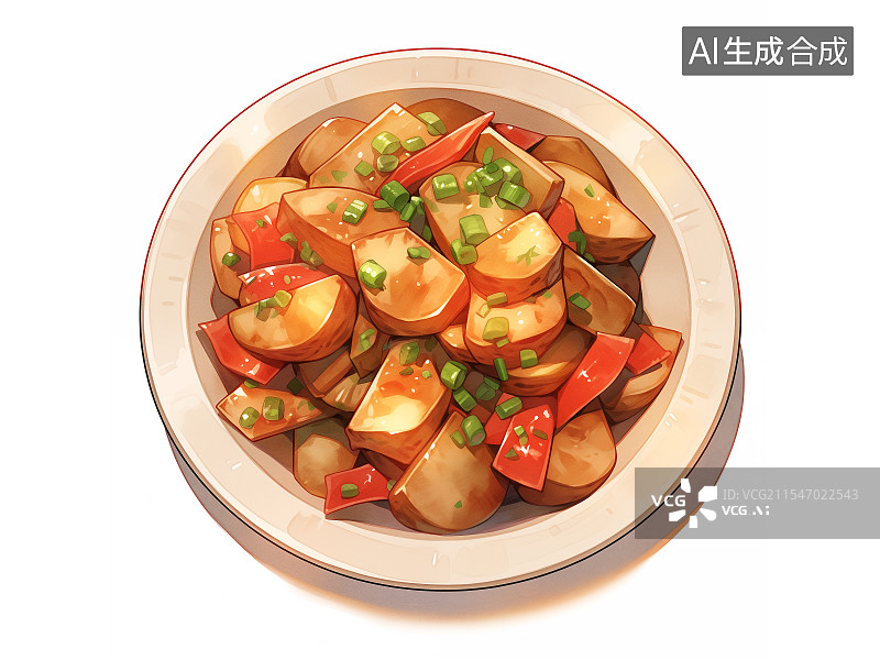 【AI数字艺术】地三鲜，东北特色菜 中餐美食，红烧茄子土豆片彩椒蔬菜 营养美味新鲜时蔬，白色环保纸碟盘子，卡通手绘风图片素材