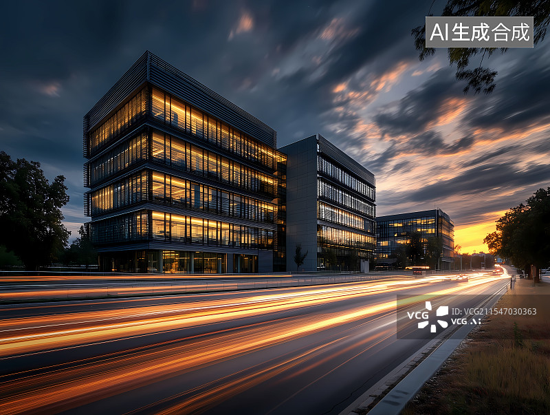 【AI数字艺术】夕阳下玻璃建筑前的车流图片素材