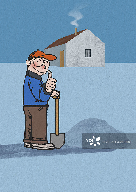 北方寒冷天气气候冬天冬季严寒老房子家园家乡门口铲雪卡通人物角色场景资讯插画图片素材