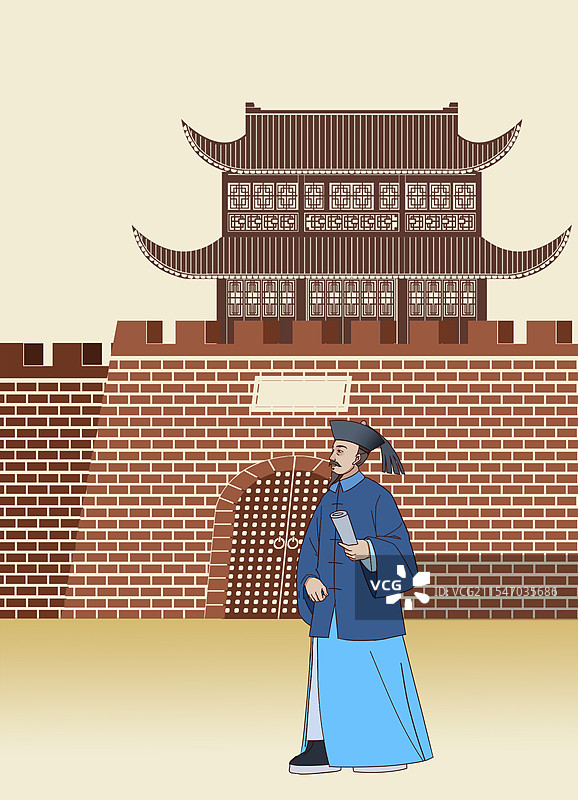 中国风新中式古风古典传统文化古装古人古代古时候历史文化传统国学经典清代清朝大臣城楼城墙风景插画图片素材