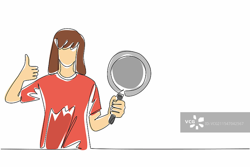 连续一笔画的女人手持特氟龙平底锅图片素材