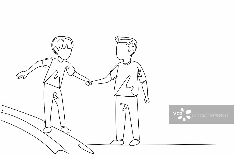 男孩手持他的连续一笔画图片素材