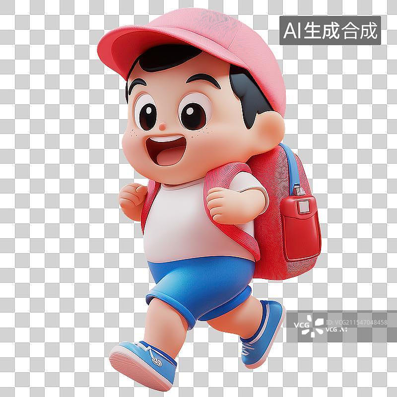 【AI数字艺术】3D渲染免扣图元素戴着帽子背着书包在奔跑的小男孩小学生图片素材