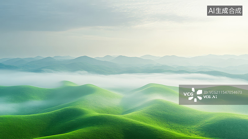 【AI数字艺术】晨雾中的绿色起伏地形风景背景图片素材