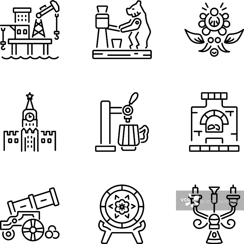 俄罗斯艺术图标的线性风格集合图片素材