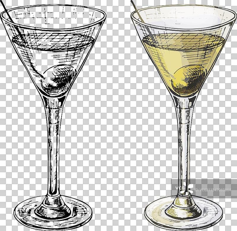 橄榄马提尼鸡尾酒的复古雕刻图片素材