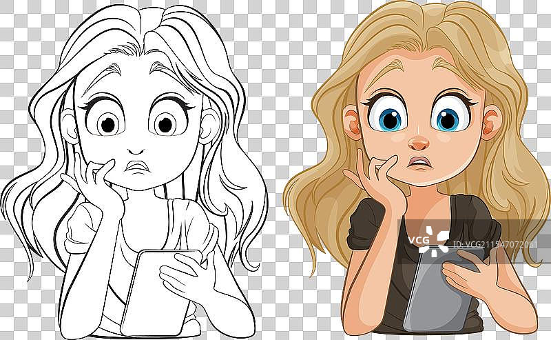 一个女孩震惊地拿着平板电脑图片素材