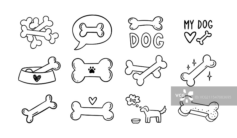 手绘狗骨头涂鸦图案轮廓集图片素材
