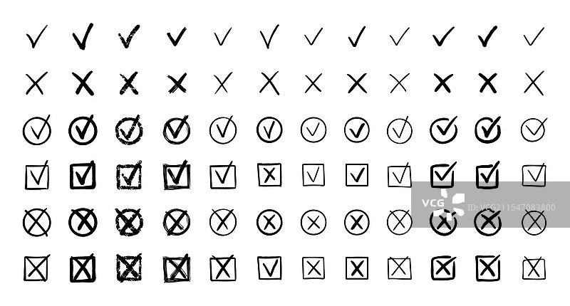 手绘勾选标记涂鸦集，包括勾和叉图片素材