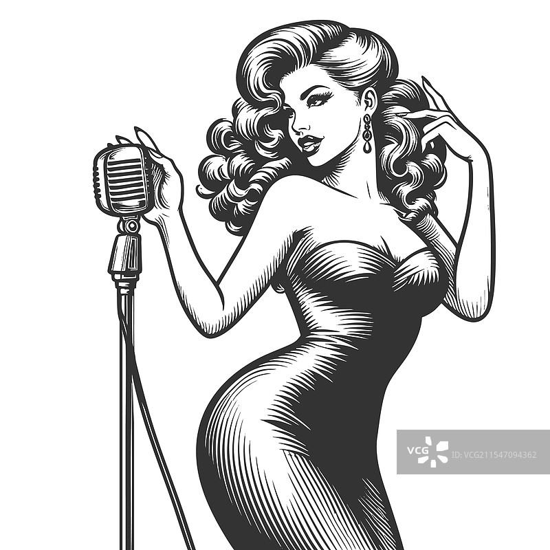 手持麦克风的女性歌手雕刻图案图片素材