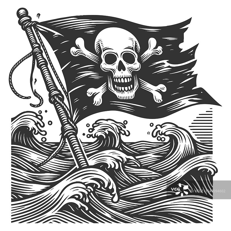 海盗旗在海浪上飘扬图片素材