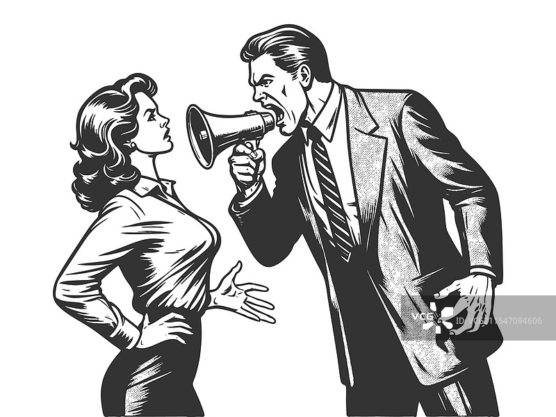 愤怒的老板通过扩音器对着一名女性大喊图片素材