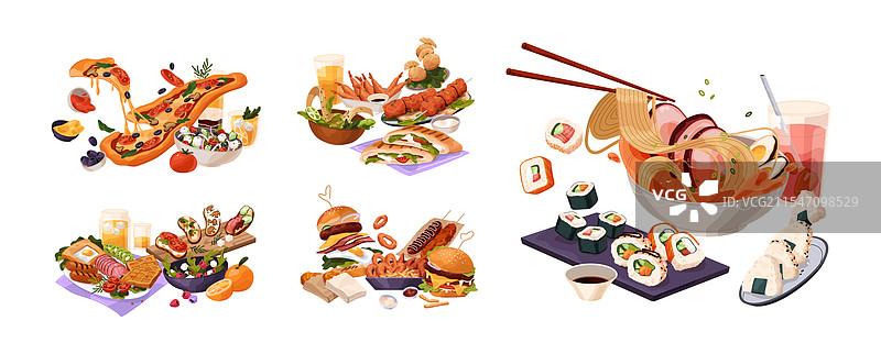 快餐美式意大利亚洲美食组合图片素材