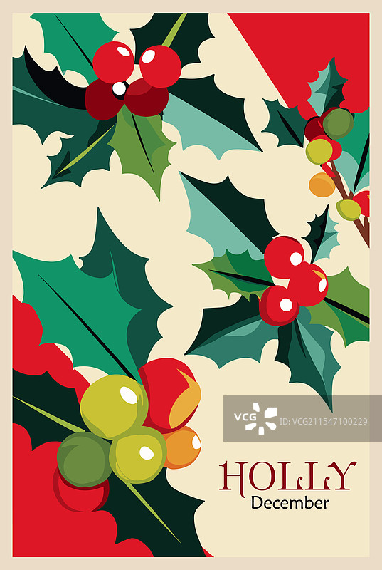 复古风格的贺卡，带有冬青艺术图案图片素材