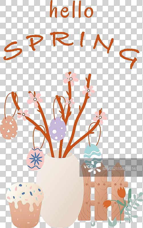 复活节花束的节日贺卡，花瓶和库里奇蛋糕图片素材