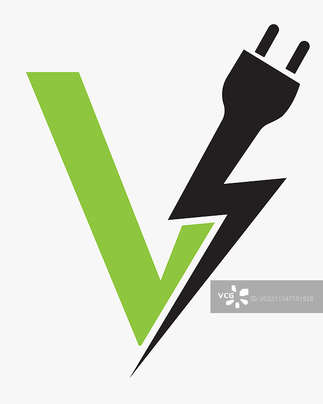 带有电力的字母V初始电气标志概念图片素材
