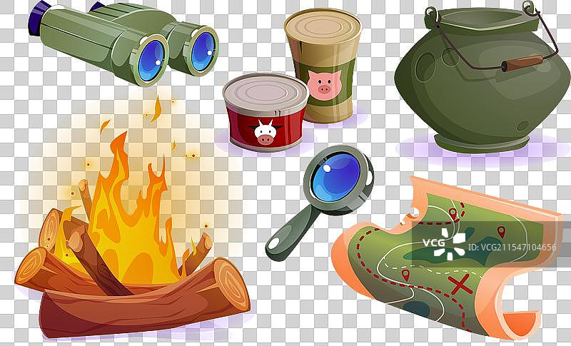 露营装备图标和夏季冒险徒步旅行套装图片素材