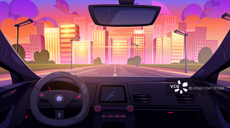 汽车内视角的城市日落景色图片素材