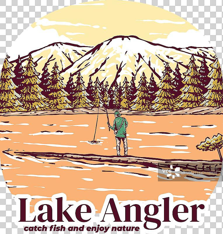 复古风格的男人在湖边钓鱼，背景是森林。图片素材