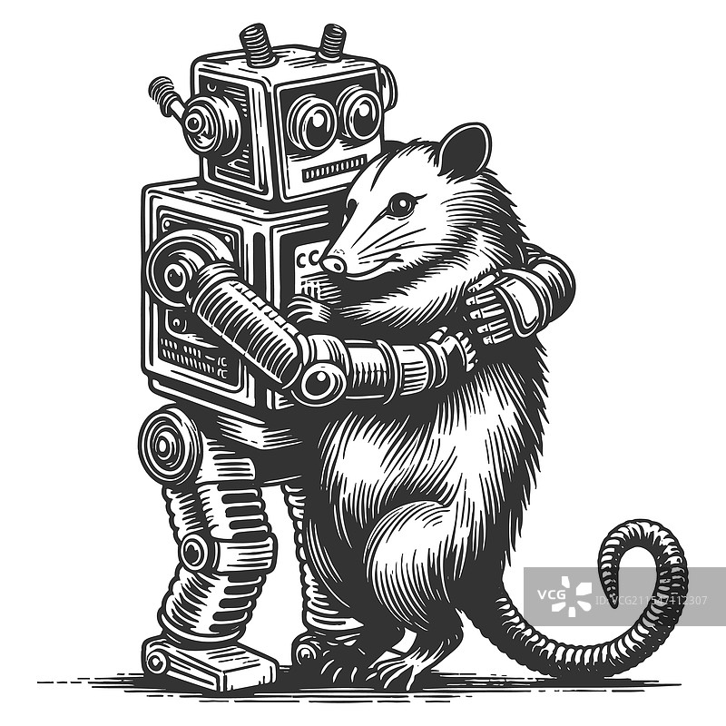 机器人拥抱负鼠的雕刻图片素材
