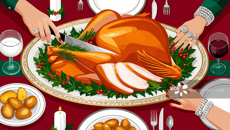 圣诞晚餐桌上摆放着一只大火鸡图片素材